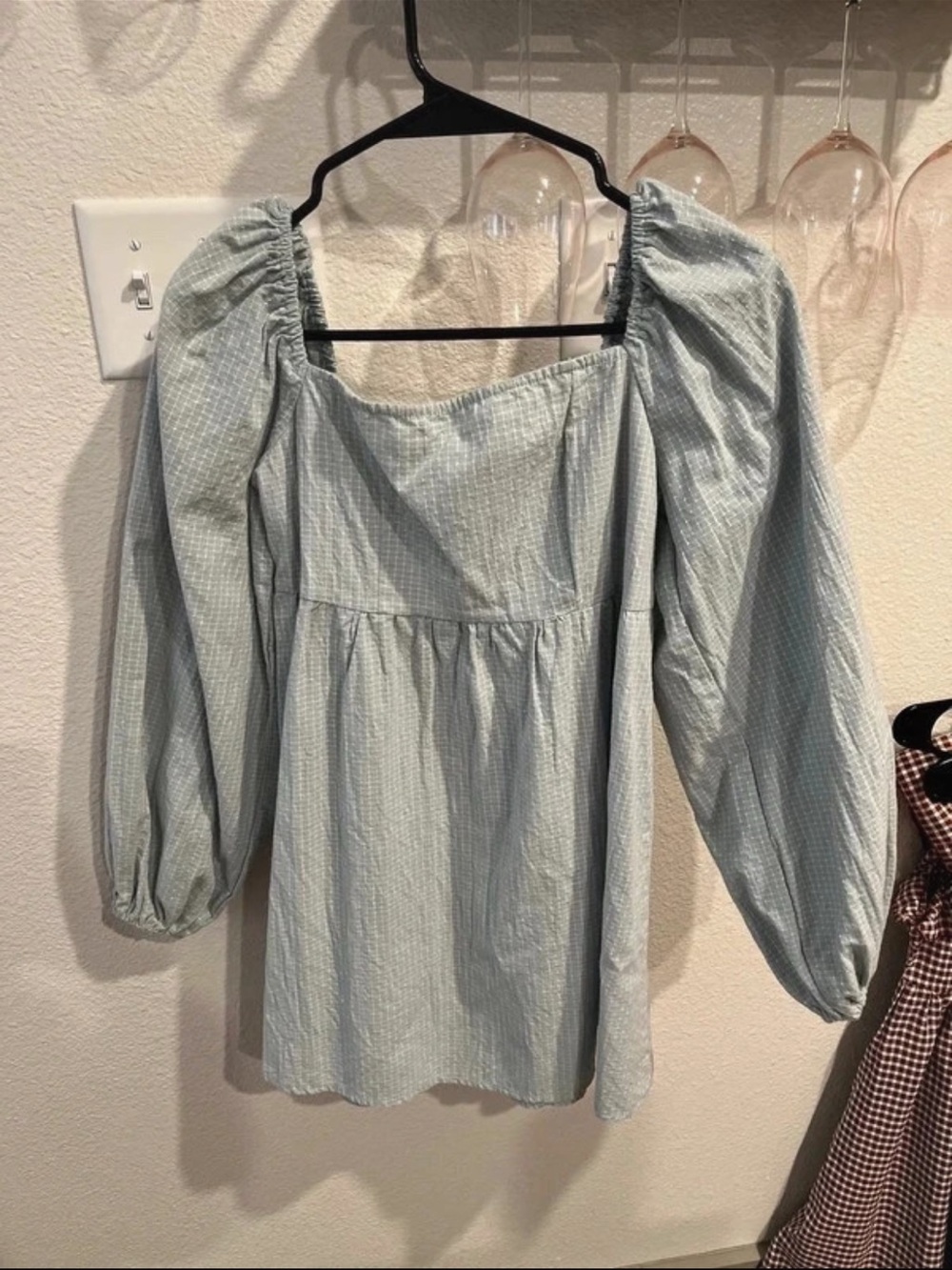 SHEIN Light Blue Puff Sleeve Square Neck Mini Dress